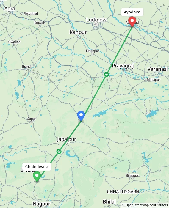 Route map showing distance and travel time from Chhindwara, India to Ayodhya, India
