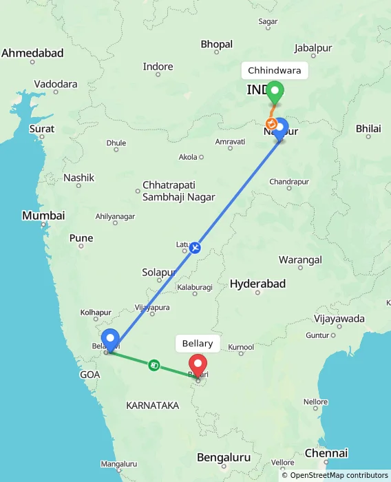 Route map showing distance and travel time from Chhindwara, India to Bellary, India