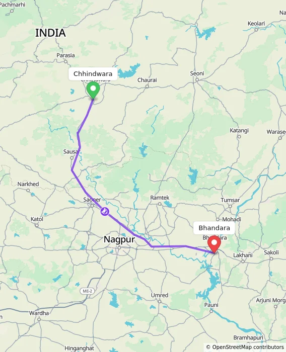 Route map showing distance and travel time from Chhindwara, India to Bhandara, India