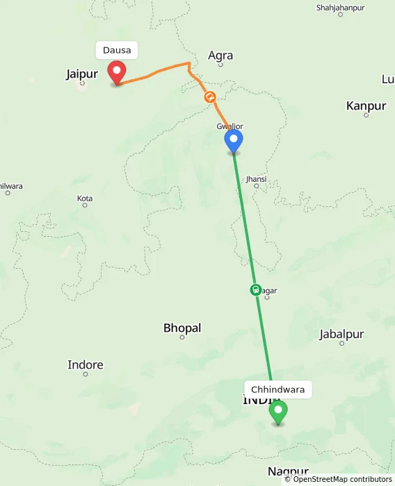 Route map showing distance and travel time from Chhindwara, India to Dausa, India