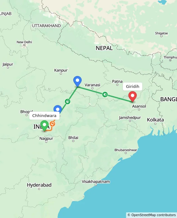 Route map showing distance and travel time from Chhindwara, India to Giridih, India