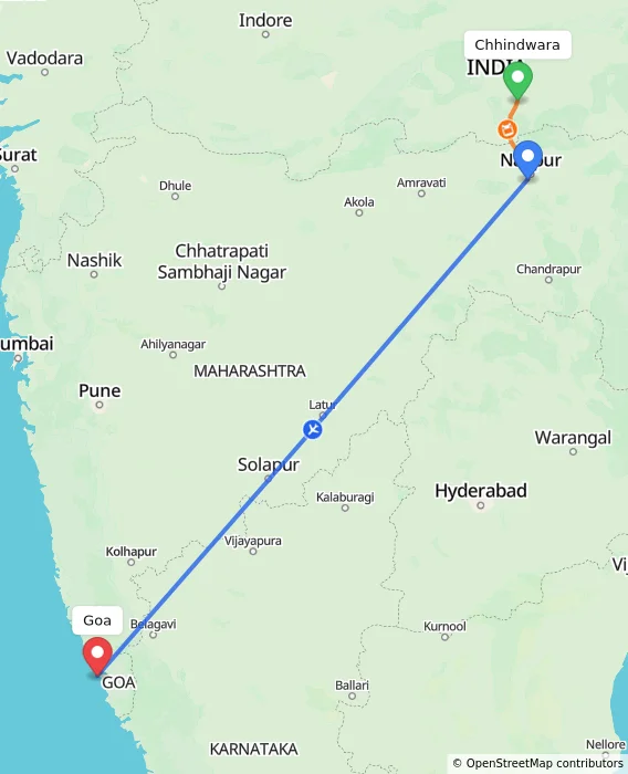 Route map showing distance and travel time from Chhindwara, India to Goa, India