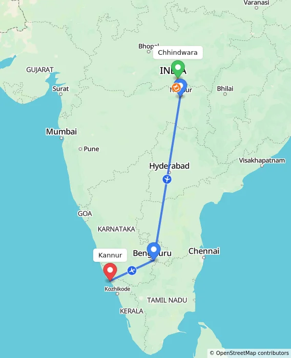Route map showing distance and travel time from Chhindwara, India to Kannur, India