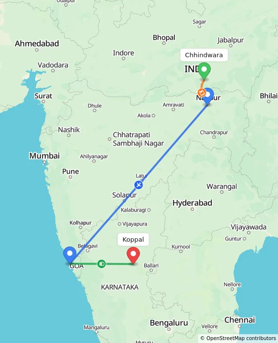 Route map showing distance and travel time from Chhindwara, India to Koppal, India