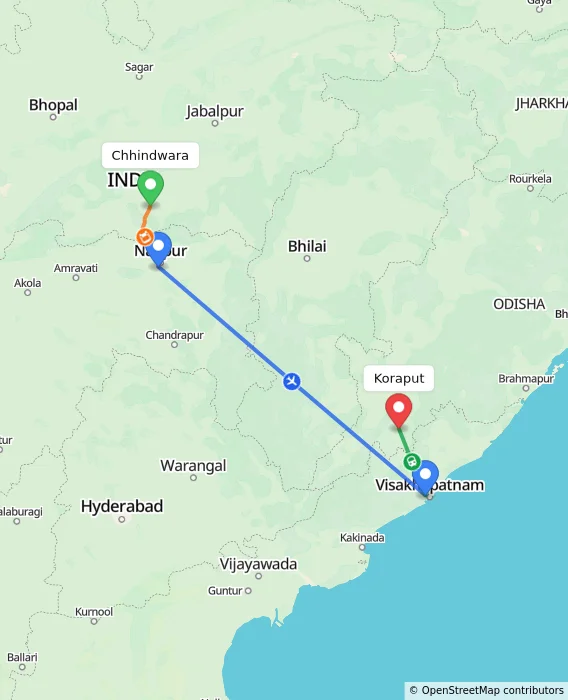 Route map showing distance and travel time from Chhindwara, India to Koraput, India