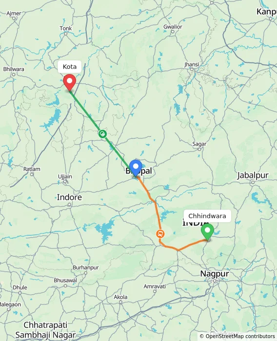 Route map showing distance and travel time from Chhindwara, India to Kota, India