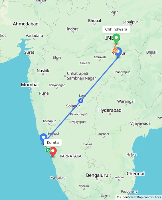 Route map showing distance and travel time from Chhindwara, India to Kumta, India
