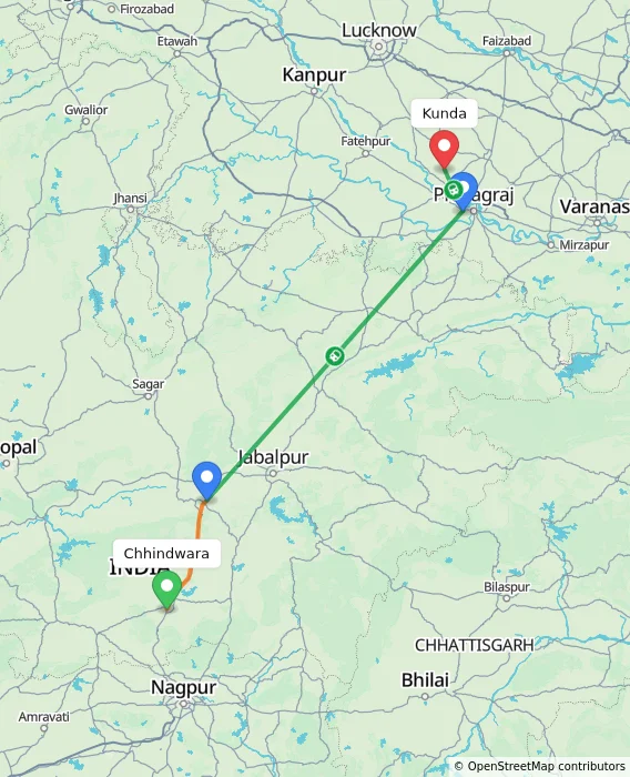 Route map showing distance and travel time from Chhindwara, India to Kunda, India