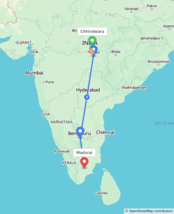 Route map showing distance and travel time from Chhindwara, India to Madurai, India