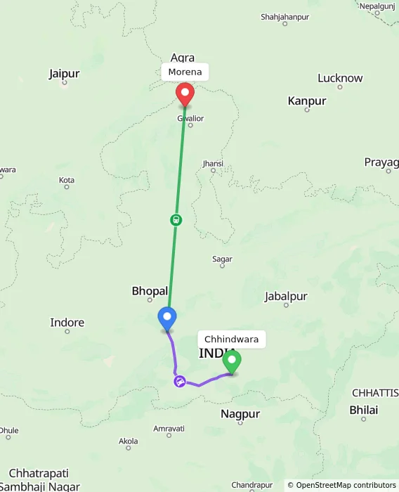 Route map showing distance and travel time from Chhindwara, India to Morena, India