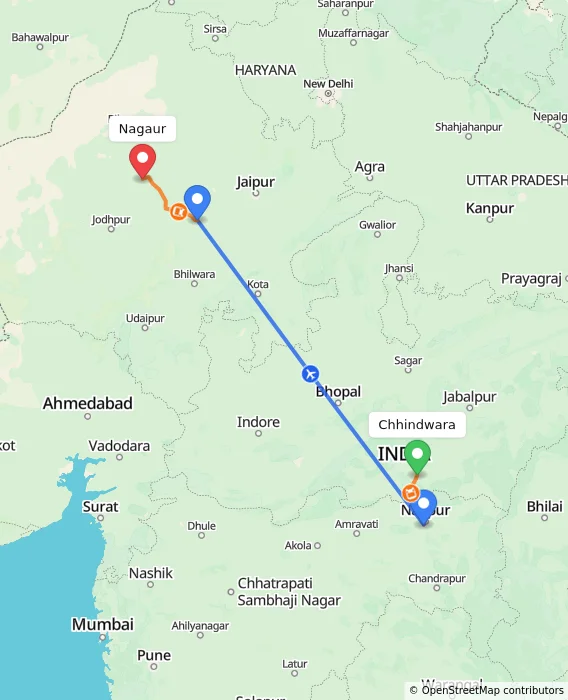 Route map showing distance and travel time from Chhindwara, India to Nagaur, India