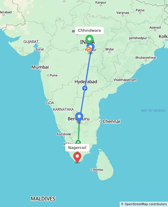 Route map showing distance and travel time from Chhindwara, India to Nagercoil, India
