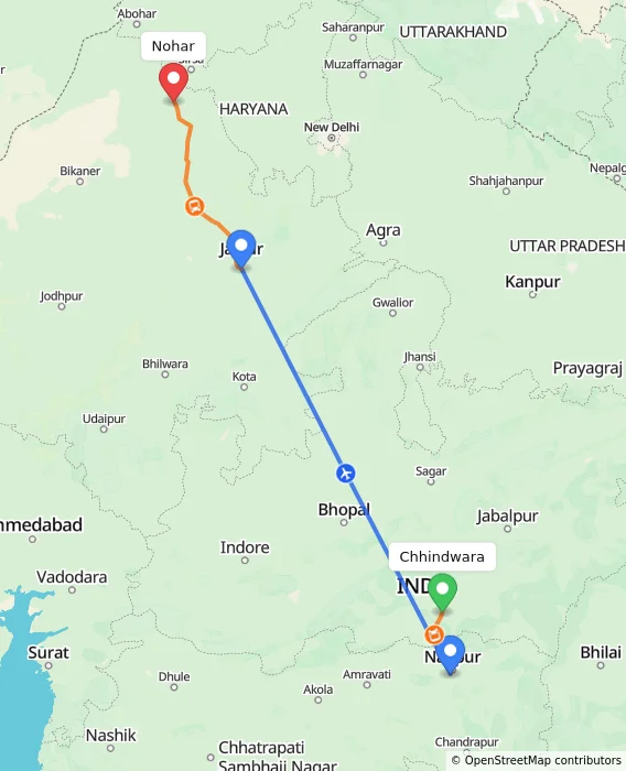 Route map showing distance and travel time from Chhindwara, India to Nohar, India