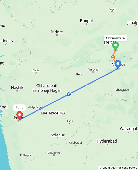 Route map showing distance and travel time from Chhindwara, India to Pune, India