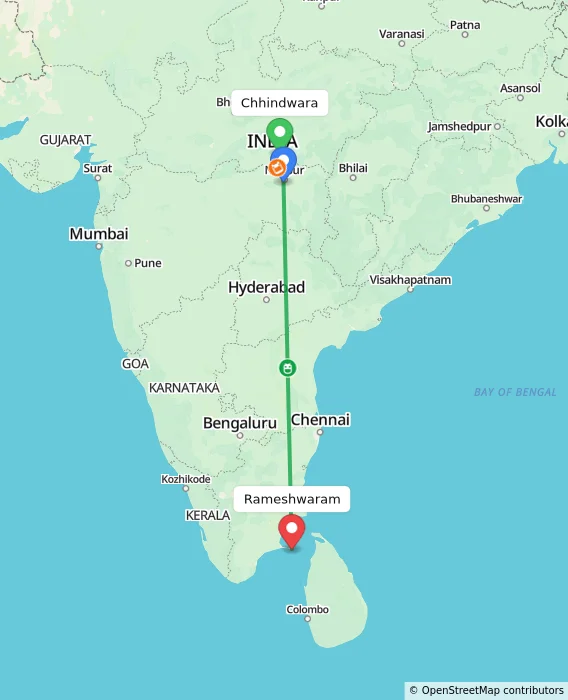 Route map showing distance and travel time from Chhindwara, India to Rameshwaram, India
