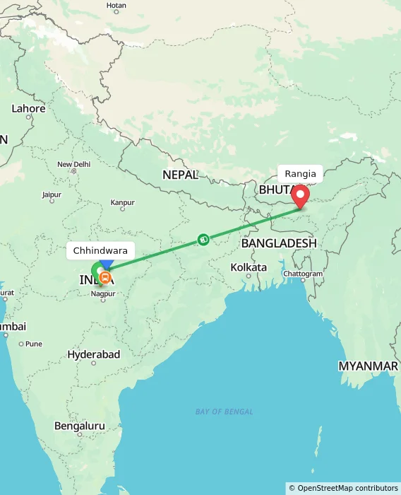 Route map showing distance and travel time from Chhindwara, India to Rangia, India