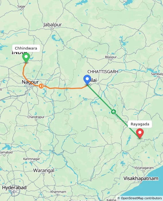 Route map showing distance and travel time from Chhindwara, India to Rayagada, India