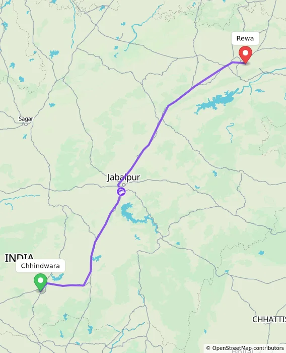 Route map showing distance and travel time from Chhindwara, India to Rewa, India