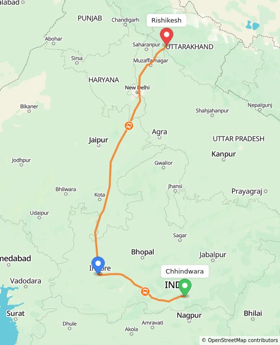 Route map showing distance and travel time from Chhindwara, India to Rishikesh, India