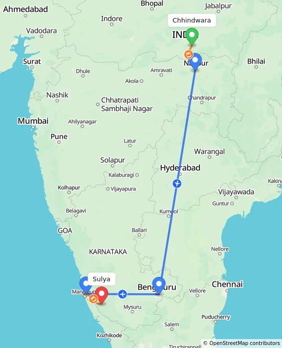 Route map showing distance and travel time from Chhindwara, India to Sulya, India