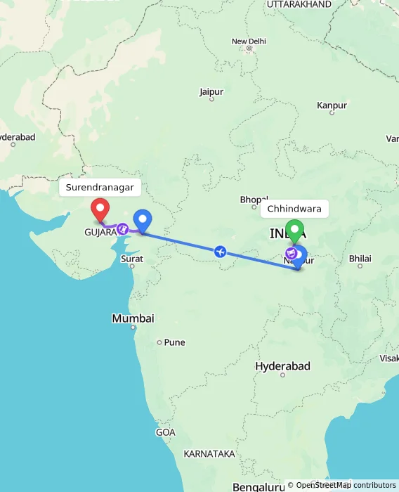 Route map showing distance and travel time from Chhindwara, India to Surendranagar, India