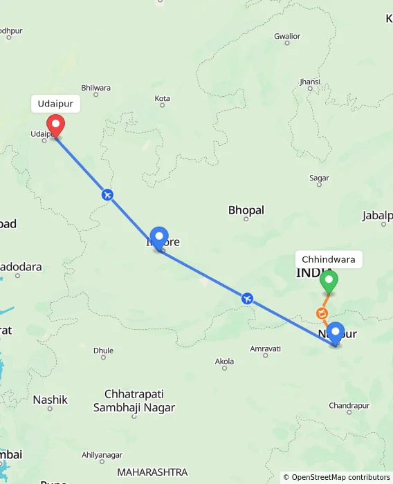 Route map showing distance and travel time from Chhindwara, India to Udaipur, India