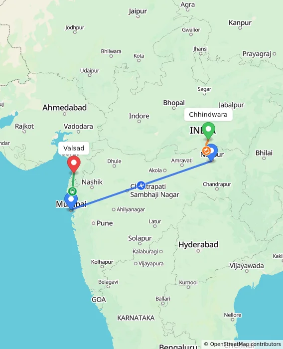 Route map showing distance and travel time from Chhindwara, India to Valsad, India