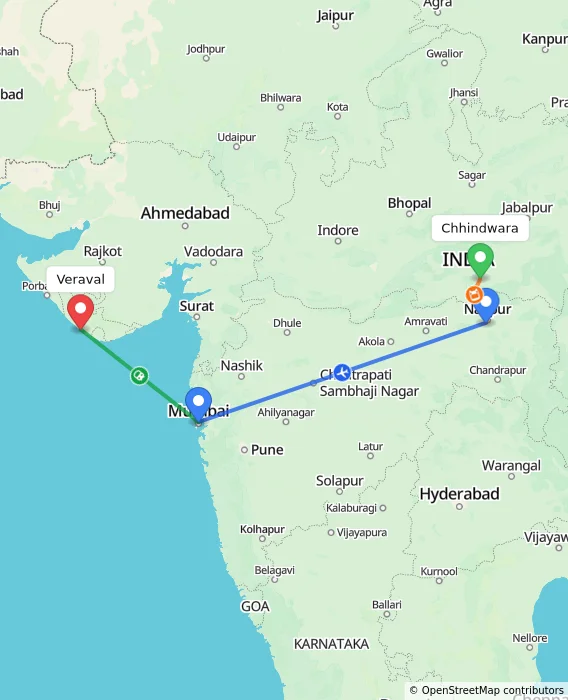 Route map showing distance and travel time from Chhindwara, India to Veraval, India