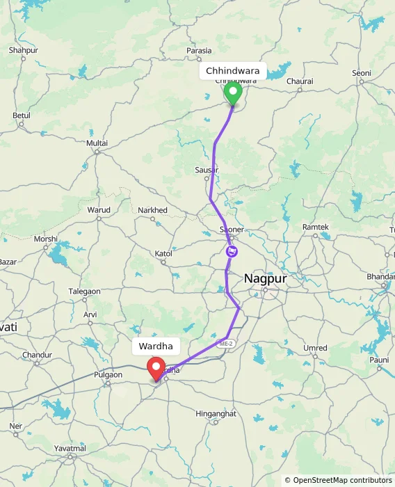 Route map showing distance and travel time from Chhindwara, India to Wardha, India