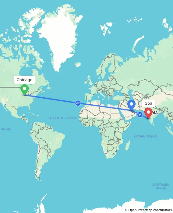 Route map showing distance and travel time from Chicago, United States to Goa, India