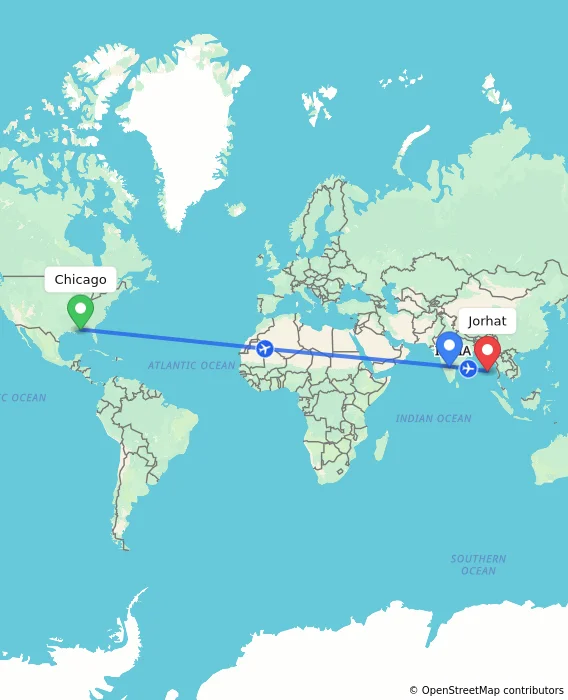 Route map showing distance and travel time from Chicago, United States to Jorhat, India