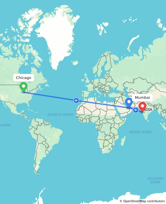 Route map showing distance and travel time from Chicago, United States to Mumbai, India