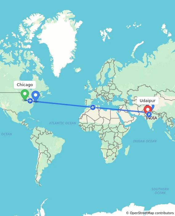 Route map showing distance and travel time from Chicago, United States to Udaipur, India