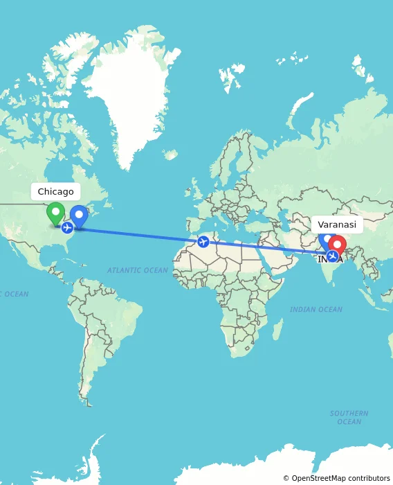 Route map showing distance and travel time from Chicago, United States to Varanasi, India