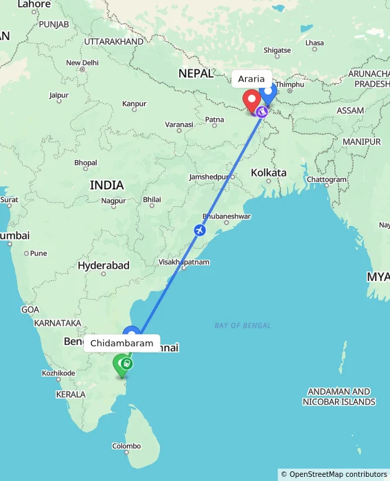 Route map showing distance and travel time from Chidambaram, India to Araria, India