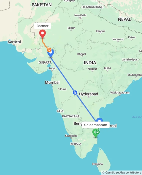 Route map showing distance and travel time from Chidambaram, India to Barmer, India
