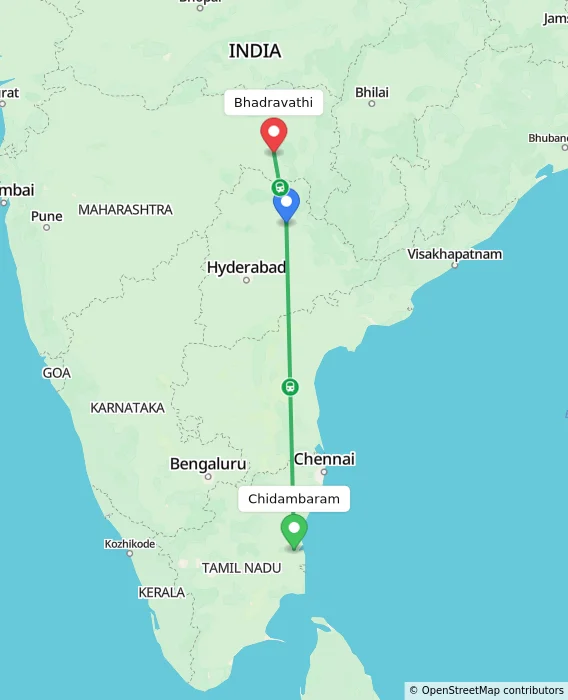 Route map showing distance and travel time from Chidambaram, India to Bhadravathi, India