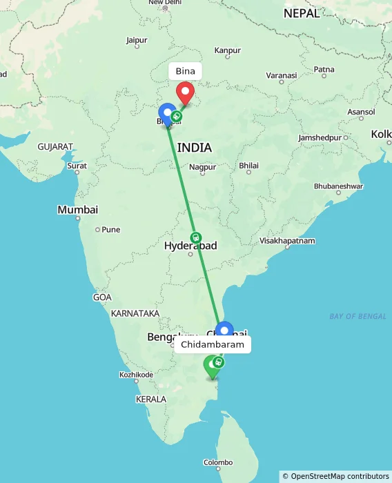 Route map showing distance and travel time from Chidambaram, India to Bina, India