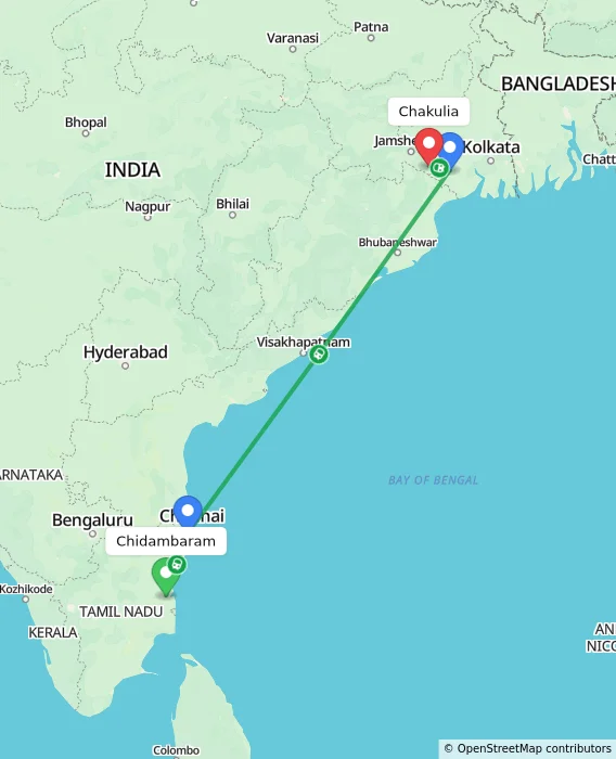 Route map showing distance and travel time from Chidambaram, India to Chakulia, India