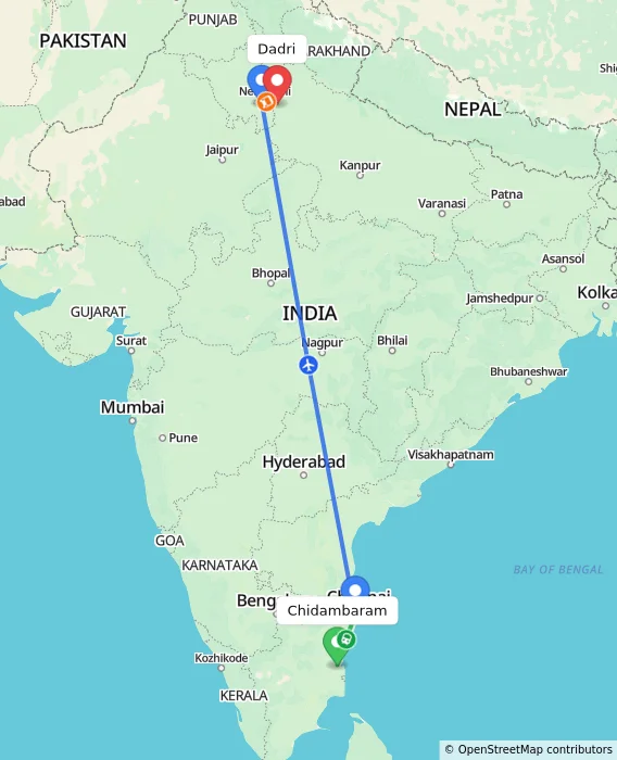 Route map showing distance and travel time from Chidambaram, India to Dadri, India
