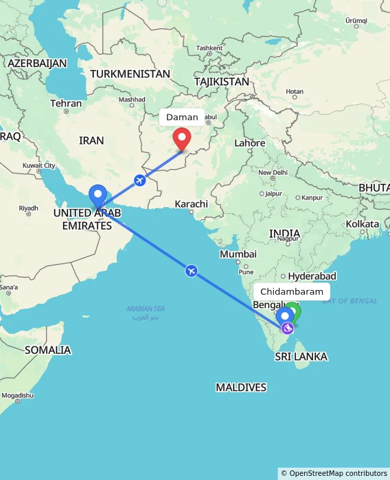 Route map showing distance and travel time from Chidambaram, India to Daman, Afghanistan