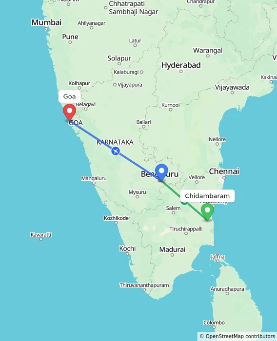 Route map showing distance and travel time from Chidambaram, India to Goa, India
