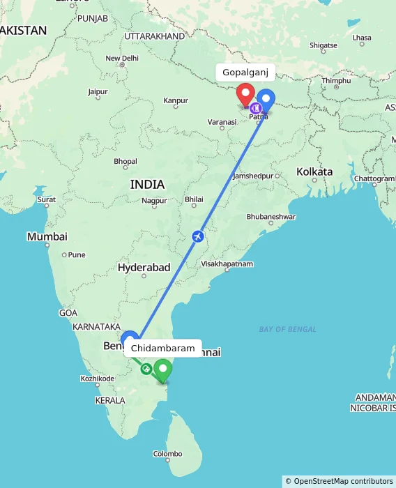 Route map showing distance and travel time from Chidambaram, India to Gopalganj, India