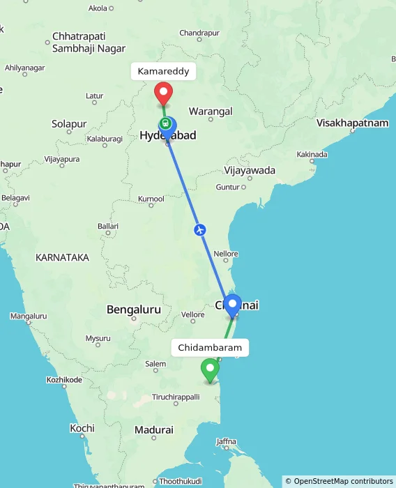 Route map showing distance and travel time from Chidambaram, India to Kamareddy, India
