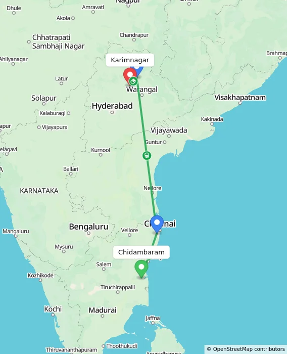 Route map showing distance and travel time from Chidambaram, India to Karimnagar, India