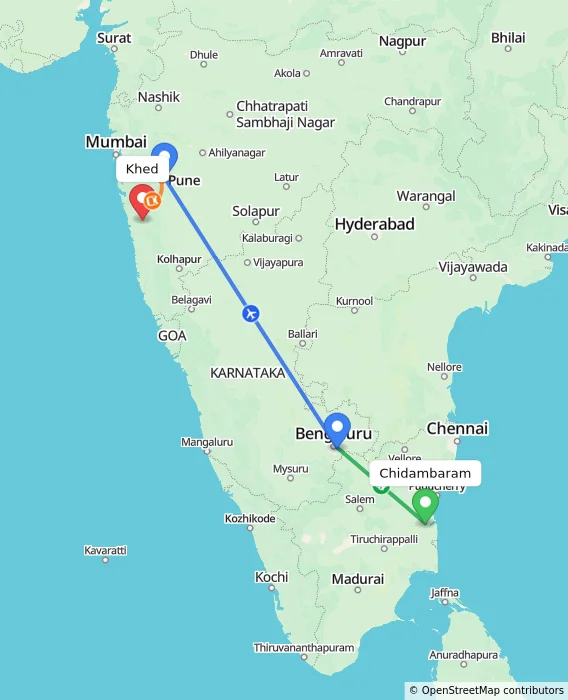 Route map showing distance and travel time from Chidambaram, India to Khed, India