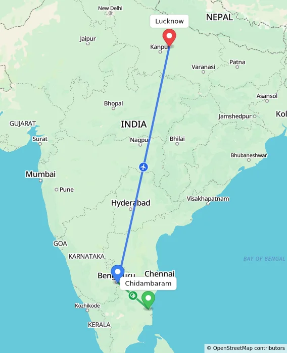 Route map showing distance and travel time from Chidambaram, India to Lucknow, India