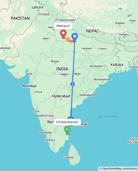 Route map showing distance and travel time from Chidambaram, India to Mainpuri, India