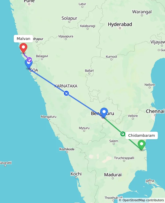 Route map showing distance and travel time from Chidambaram, India to Malvan, India