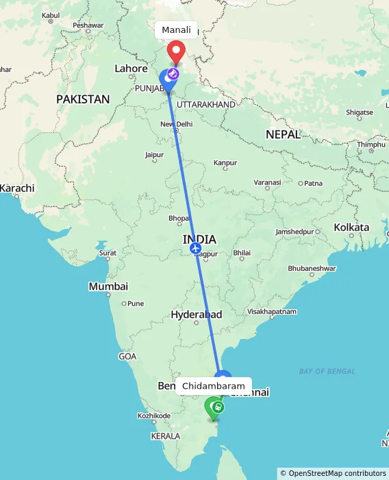 Route map showing distance and travel time from Chidambaram, India to Manali, India